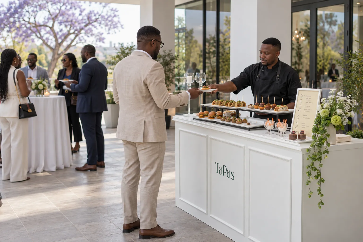 A chef serving small plates from a white Tapas cart to a guest at a corporate reception